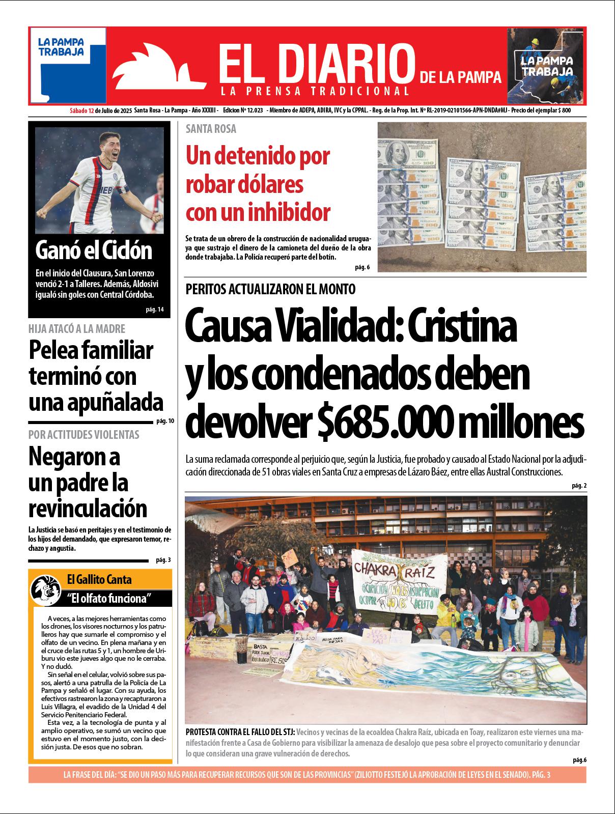 Tapa de El Diario en papel  saacutebado 12 de julio de 2025